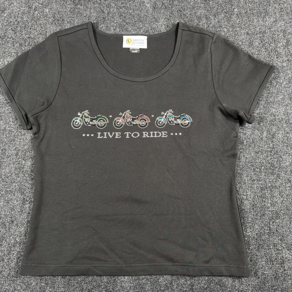 Christine Alexander Motorcycle Graphic‎ T-Shirt Rhinestone Embellished XL Black